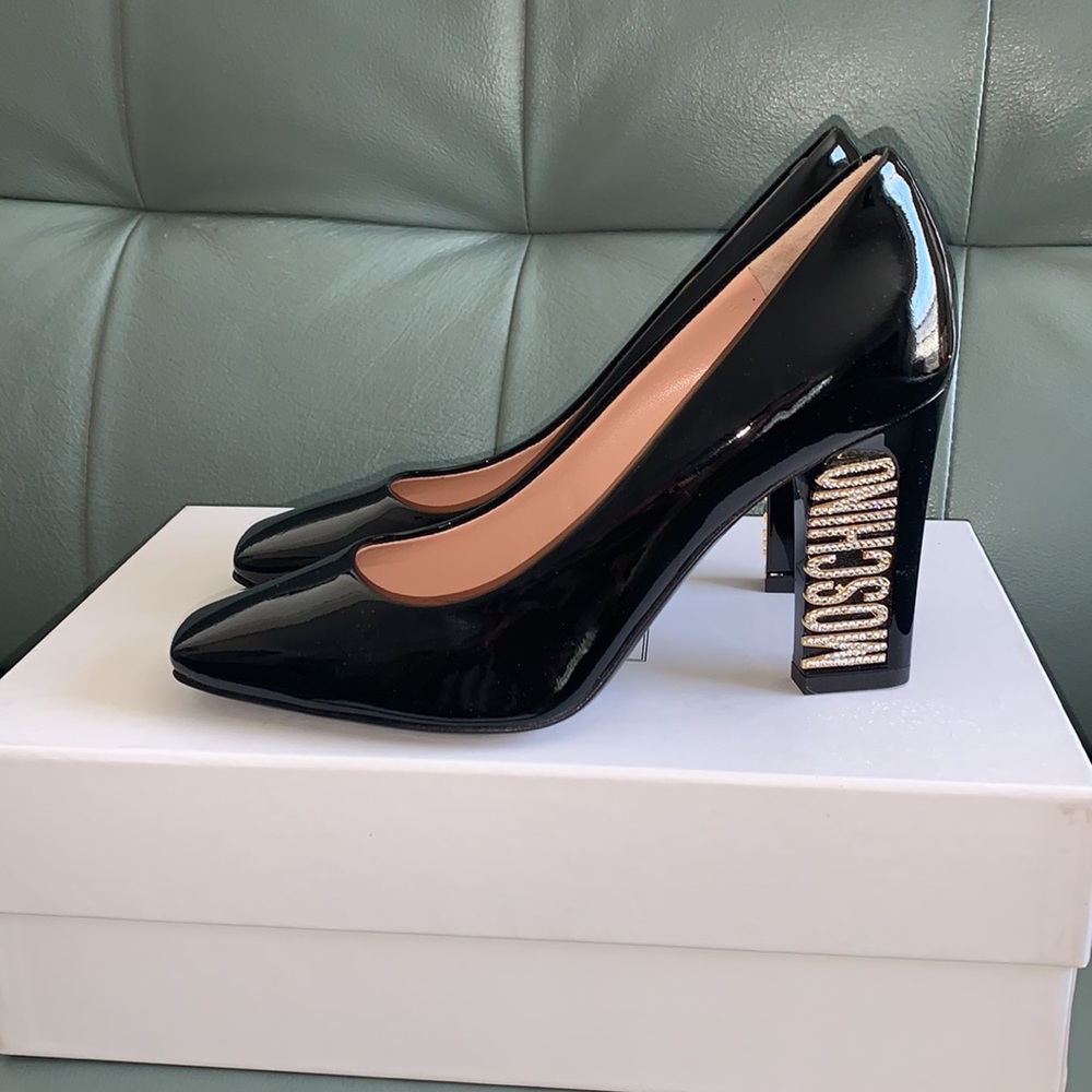 Moschino Patent Leather Crystal Logo Pumps - Picture 3 of 11